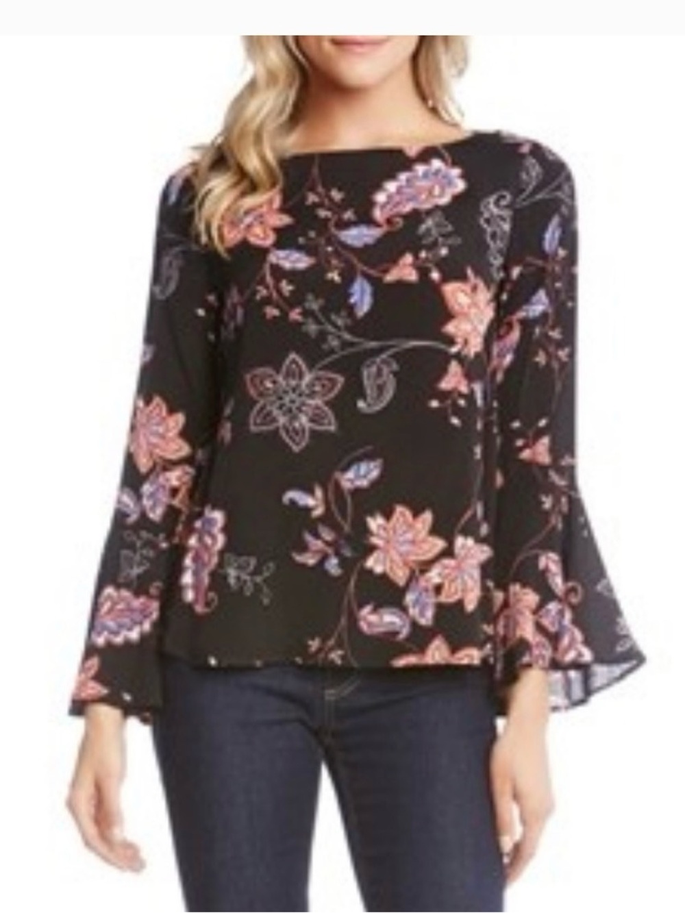 Karen Kane Black Floral Bell-Sleeve Blouse ptp 22 length 23